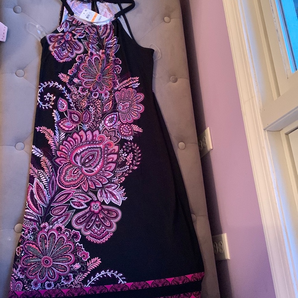 INC Floral Paisley Pink and Black Summer Dress w/ Silver Neckline- Petite S